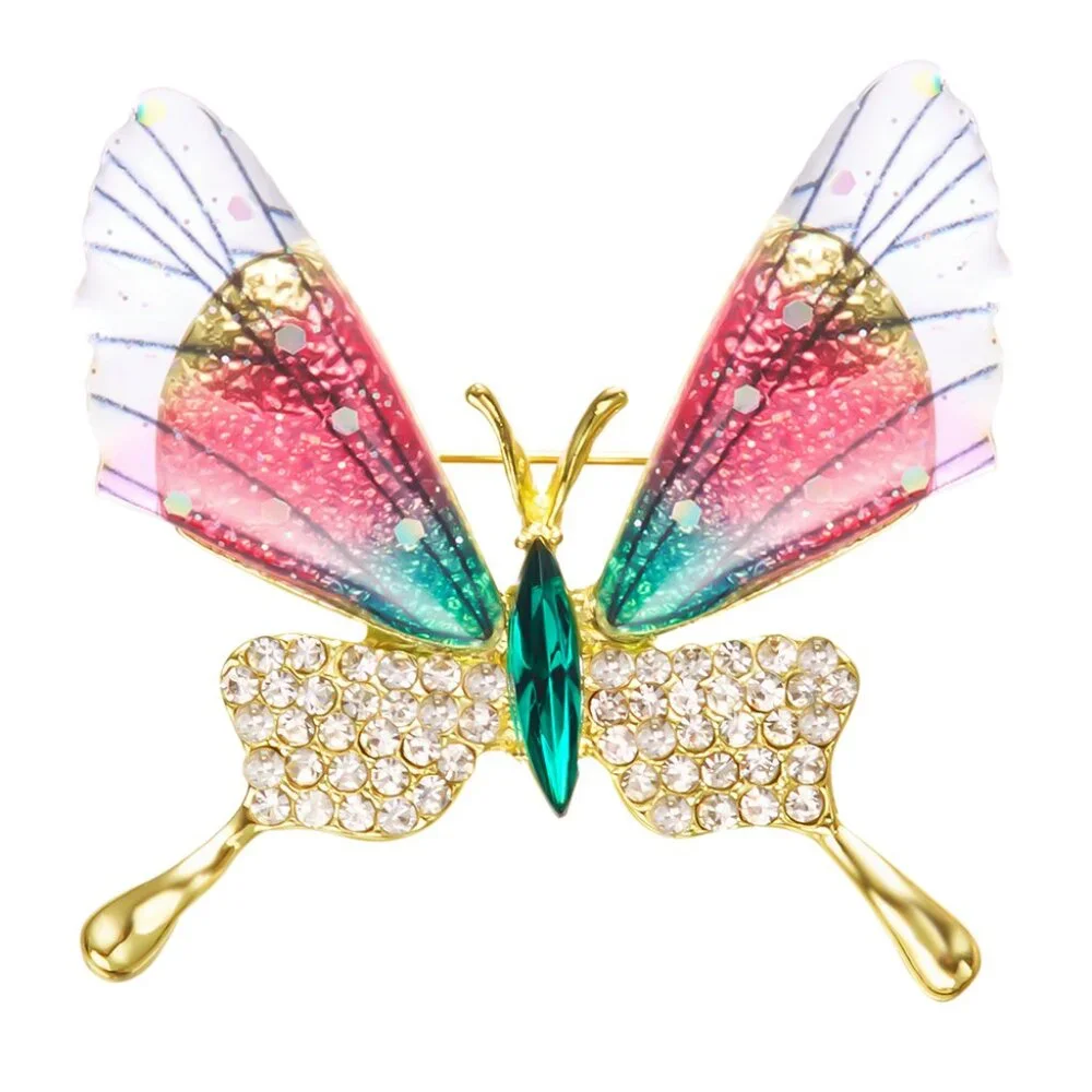 Multicolor Butterfly Brooch Pin Gold Tone Rhinestone Wings
